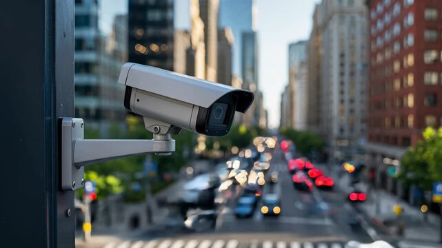 Security surveillance camera monitoring busy city street with traffic in time lapse.