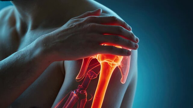 Human shoulder pain with highlighted bones and joints in medical anatomy concept.