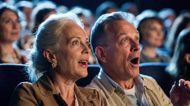 Middle age couple watching a movie at cinema with amazed expressions.