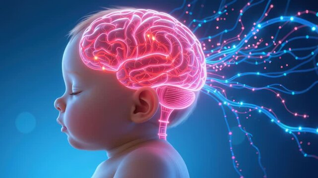 Baby brain development concept with neural connections and glowing synapses illustration.