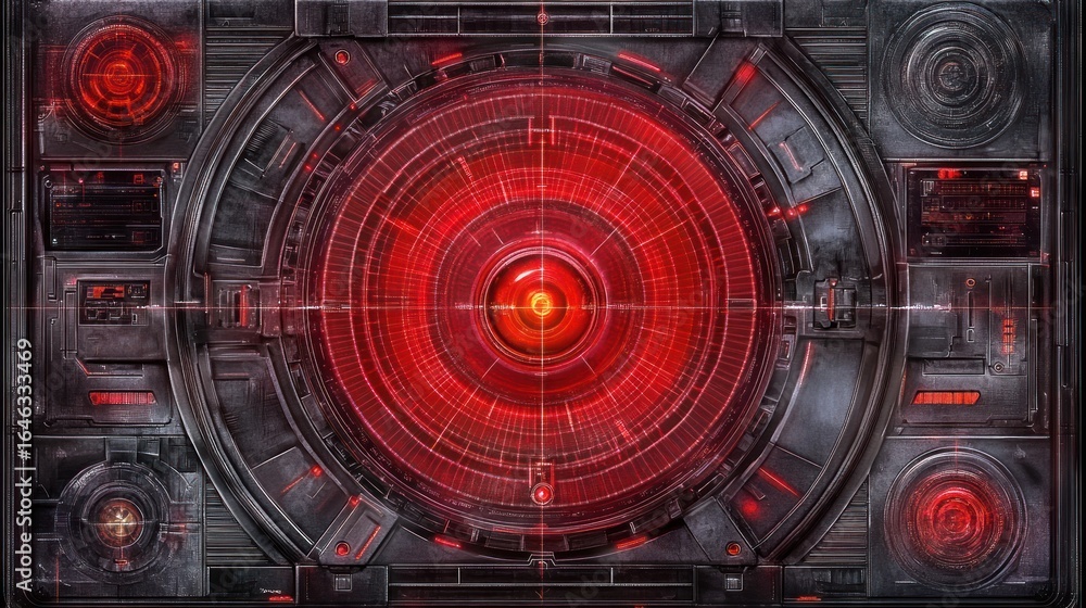 Aufkleber futuristic technology interface with red glowing elements and intricate details presents complex