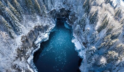 Aerial view of a deep, snow-covered gorge with a dark blue, icy pool at its center, surrounded by evergreen trees