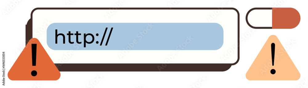 Poster url bar with caution icons and alert message evokes concerns of cybersecurity, unsecure links, or ph