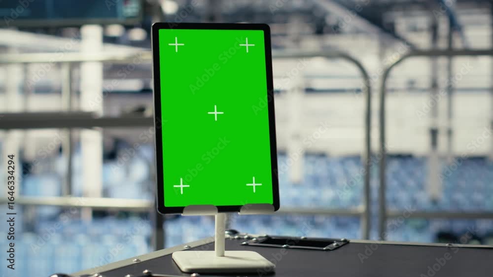 Poster close up shot of green screen tablet in data center with advanced technology workloads. mockup chrom