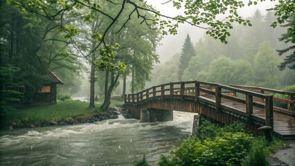 Fototapeta premium A wooden bridge spans a rushing river in a lush green forest on a rainy day scene