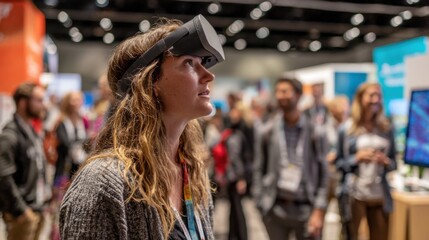 Focused medium shot of an attendee interacting with a stress relief app demo while the diverse expo hall background and other booths fade gently out of focus.