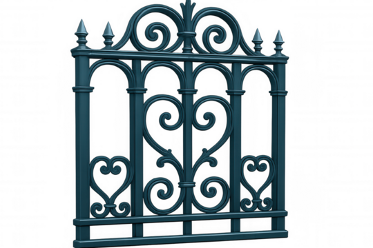 Ornate metal fence featuring heart shapes and swirls, perfect for adding a touch of elegance to architectural visualization projects with its transparent background
