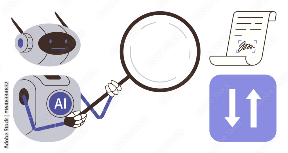 Poster robotic ai character examines signed document with magnifying glass next to data arrows icon. ideal 