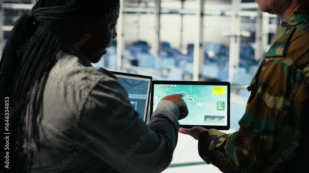 Poster close up of military data center colleagues looking at radar software to watch for enemy threats. te