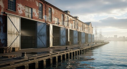 Old Waterfront Warehouses with Wooden Dock, Blue Water and Ships