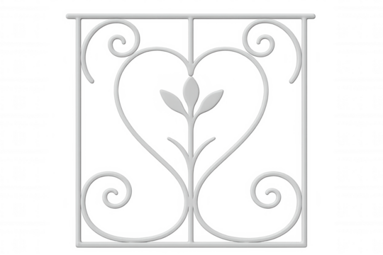 White metal gate with heart shaped and floral design, isolated on transparent background, ideal for architecture and design projects