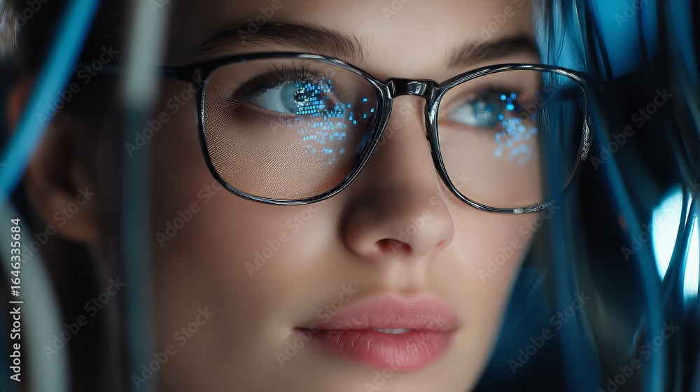 Poster female programmer wearing analyzing , holographic data reflecting on lens, displaying cutting edge t