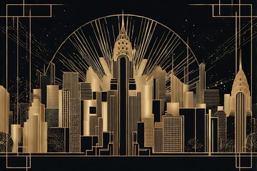Art deco skyline with golden geometric lines and lights © MDNURALAM