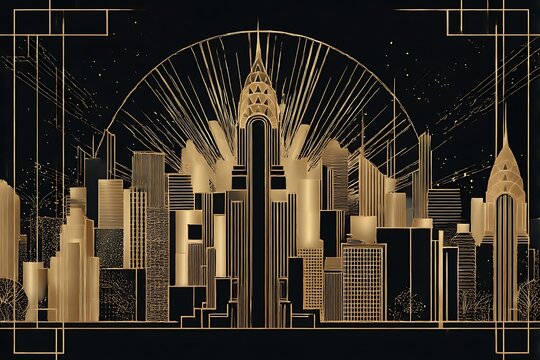 Art deco skyline with golden geometric lines and lights - Powered by Adobe