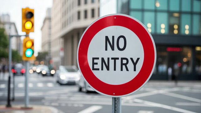 Dynamic urban street scene with a prominent 'No Entry' sign and blurred traffic lights creating a sense of motion and city life.