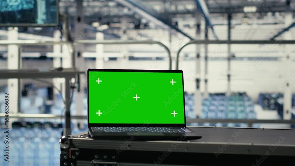 Poster green screen laptop in server hub with hardware supporting ai driven services. mockup notebook in da