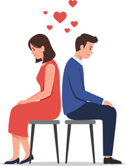 Obraz premium Man and woman sitting back to back with hearts above representing love and relationship conflict vector illustration