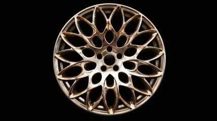 Shiny metallic wheel rim with intricate geometric design, reflecting studio lighting.