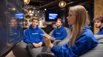 Female team leader discussing project strategy, gesturing at whiteboard while collaborating with software developers in contemporary workspace,software engineers