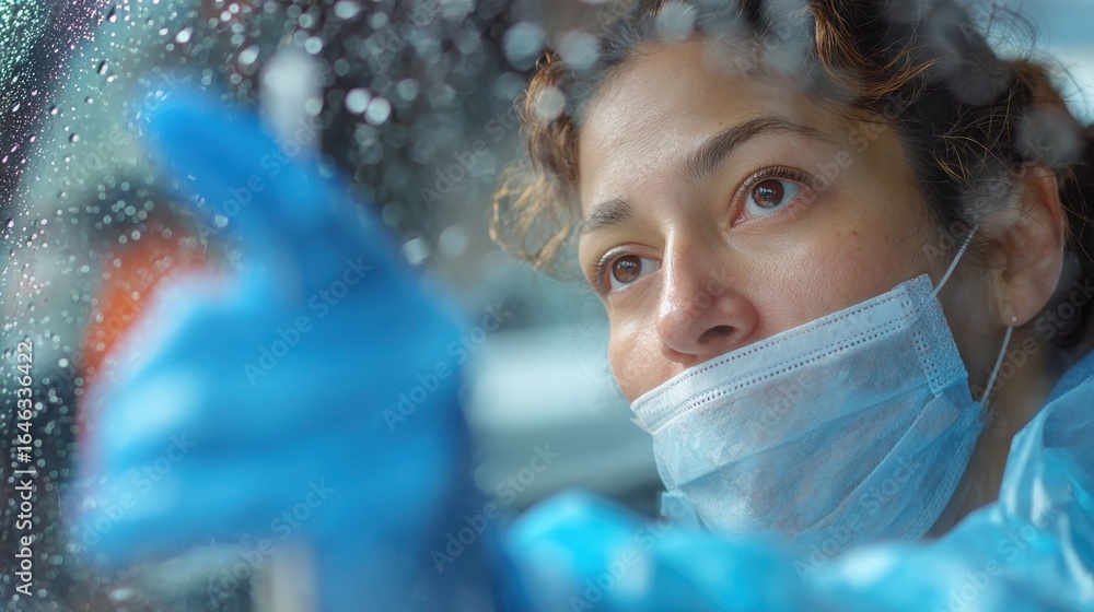 Poster medium shot of a healthcare worker communicating through a car window while preparing a l swab for a
