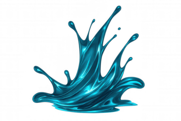 Shiny, metallic blue liquid splashing and forming a crown-like shape against a transparent background