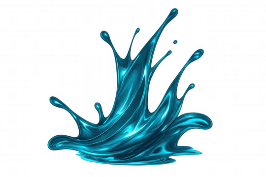 Shiny, metallic blue liquid splashing and forming a crown-like shape against a transparent background