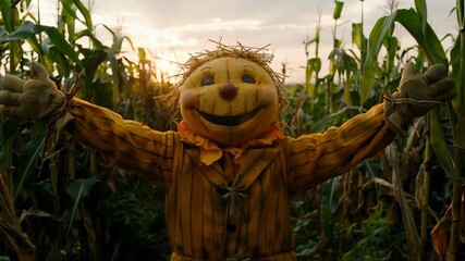 Smiling scarecrow with outstretched arms in a cornfield at sunset - Powered by Adobe