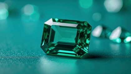 Emerald gemstone on teal background