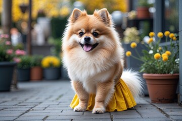 Trendy Pomeranian Dog Wearing Sunglasses and Yellow Skirt