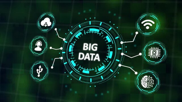 Big Data Technology Concept with Digital Icons and Analytics. 4k Data Analytics Information and Monitoring Concept Animation Video
