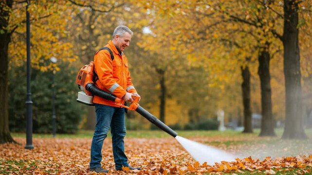 Man in an orange jacket using a leaf blower in an autumn park, blowing colorful leaves around, creating a lively seasonal atmosphere. Perfect for fall-themed animations and outdoor scenes.