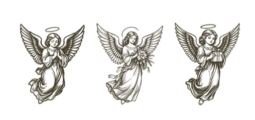 Fototapeta premium Vintage Angel Sketch Vector Set Engraving Retro Card Print