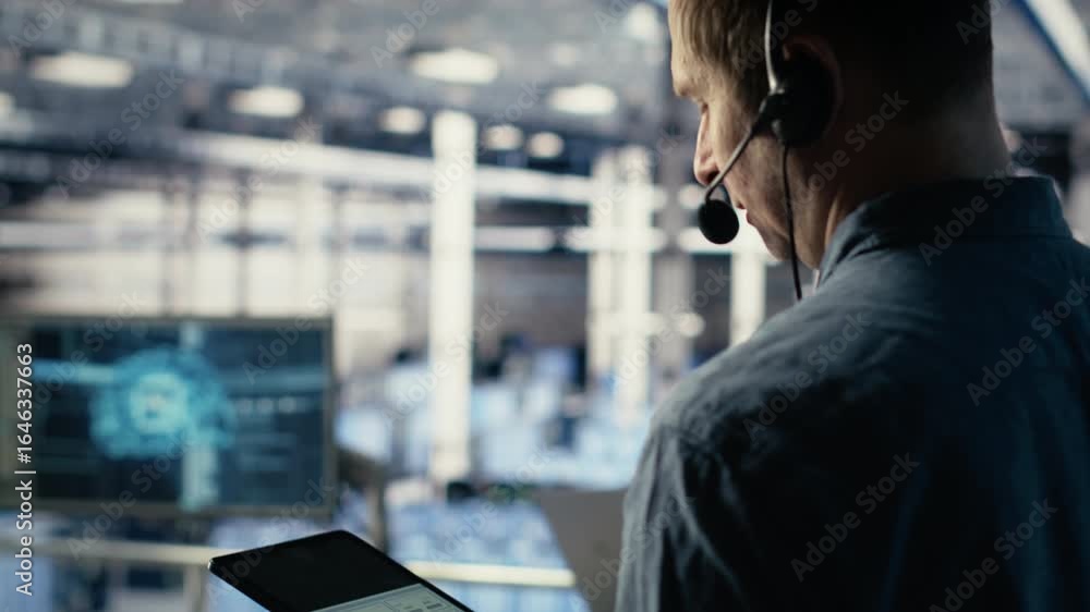 Poster data center technician using ai on tablet to help customers resolve website hosting problems. server