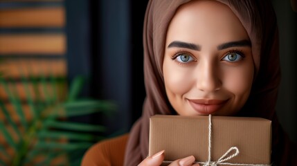 Muslim woman wearing traditional hijab, presenting gift box and radiating joy during festive celebration, marking special religious moment or personal milestone