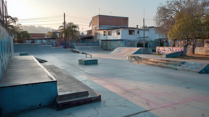 Urban skatepark featuring ramps and rails, surrounded by graffiti-covered walls and trees, bathed in warm sunlight during early morning hours, inviting skaters to enjoy the space