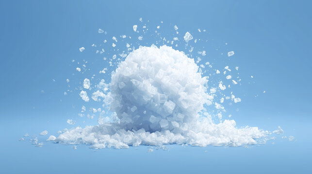 Snowball explosion on a blue background, showcasing scattered ice crystals and a dynamic burst of snowflakes, creating a playful winter atmosphere and visual impact