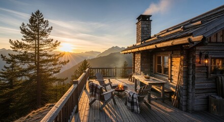 Rustic Cabin Deck with Fire Pit at Sunset in the Mountains