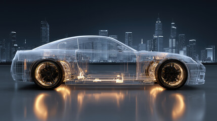 Transparent 3D illustration of a futuristic sports car showcasing intricate internal components and glowing elements against a city skyline background, emphasizing modern automotive design