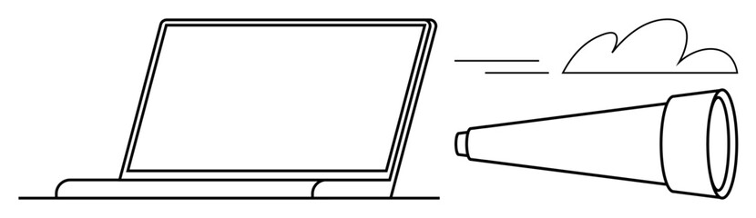 Obraz premium Open laptop with spyglass pointing forward, suggesting exploration and discovery. Ideal for research, online search, knowledge seeking, investigation, technology, innovation, simple flat metaphor