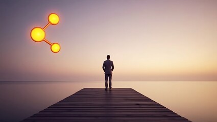 Man on pier gazes at glowing network symbol in surreal sunset sky