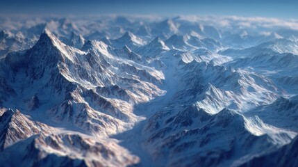 Obraz premium Aerial view of majestic snow-covered mountains under a clear blue sky