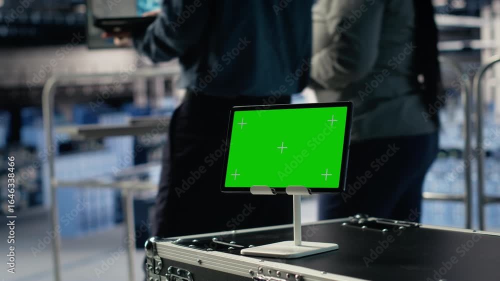 Poster data center it professionals check ai dashboard using isolated screen tablet. server room developers
