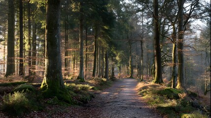Obraz premium Sun-drenched path winding through a dense forest.