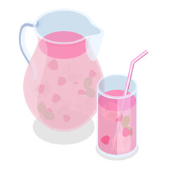 3D Isometric Flat Vector Set of Refreshing Drinks, Strawberry Drinks In An Elegant Arrangement For Enjoying Alone Or With Friends. Item 1
