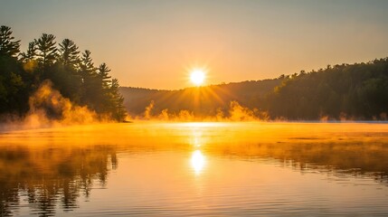 Fototapeta premium Golden sunrise over a tranquil lake shrouded in morning mist.