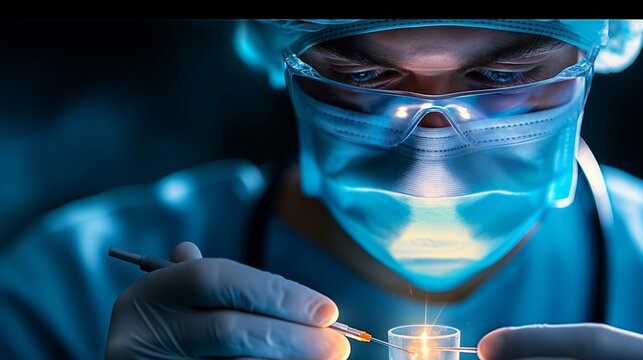 Surgical team member wearing protective gear carefully operating with laser technology, focusing intently on precise medical procedure in dimly lit operating theater - Powered by Adobe
