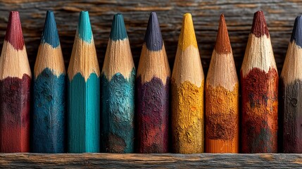colored pencils arranged on rustic wooden background in artistic display