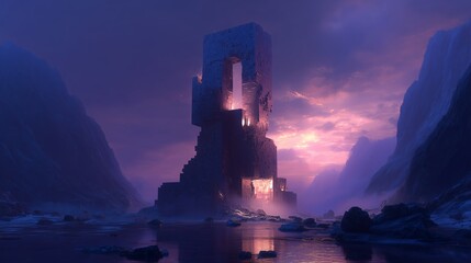 towering abstract monolith of cubic blocks with warm inner glow at twilight