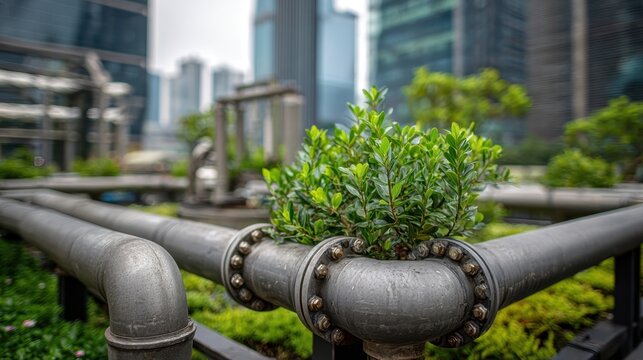 Lush green plant growing inside repurposed metal pipes in an urban rooftop garden, showcasing innovative and sustainable landscaping in a city environment