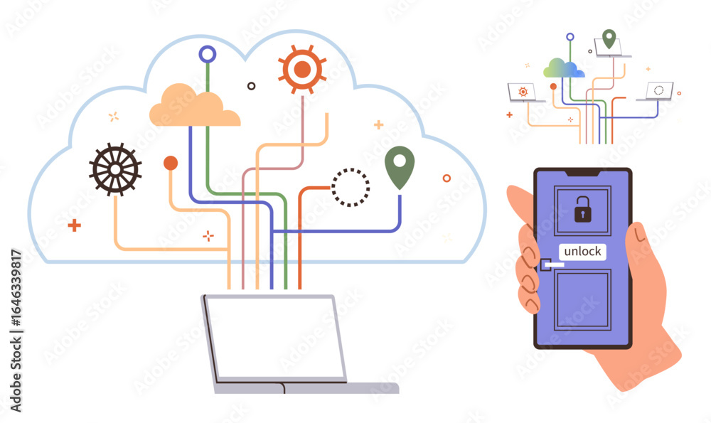 Aufkleber cloud with branching circuits connecting gears, gps pin, and devices. smartphone unlocks secure acce